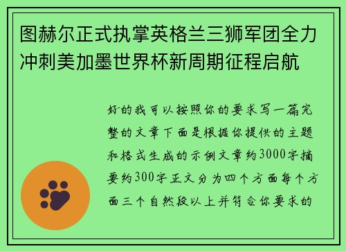图赫尔正式执掌英格兰三狮军团全力冲刺美加墨世界杯新周期征程启航 图赫尔正式执掌英格兰三狮军团全力冲刺美加墨世界杯新周期征程启航