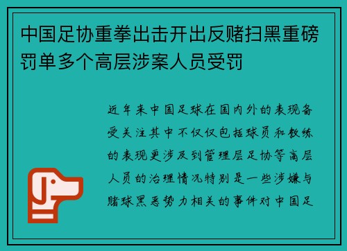 中国足协重拳出击开出反赌扫黑重磅罚单多个高层涉案人员受罚